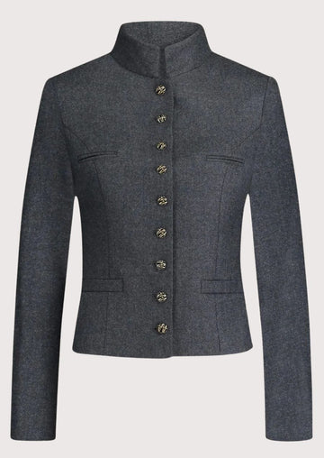Women's charcoal grey wool Trachten jacket with stand-up collar, decorative metal buttons, tailored Bavarian blazer, premium Alpine heritage jacket for Oktoberfest and traditional German fashion.