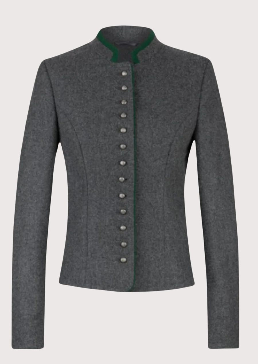 Grey women’s trachten jacket with green trim, stand collar, and fitted Bavarian alpine silhouette.