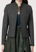 Front view of a women's charcoal grey Trachten wool jacket with green piping, stand collar, silver buttons, and tailored Alpine fit.