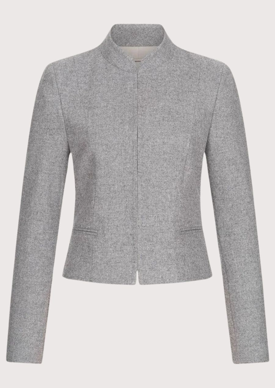 Womens Grey Wool Trachten Jacket featuring a stand collar, concealed front closure, tailored fit, and authentic Bavarian craftsmanship.