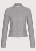 Womens Grey Wool Trachten Jacket featuring a stand collar, concealed front closure, tailored fit, and authentic Bavarian craftsmanship.