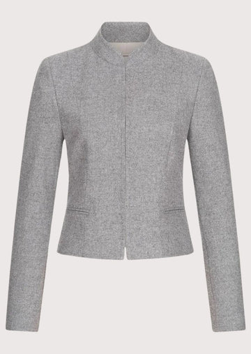 Womens Grey Wool Trachten Jacket featuring a stand collar, concealed front closure, tailored fit, and authentic Bavarian craftsmanship.