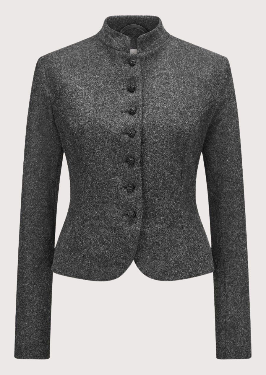 Women's Grey Wool Trachten Jacket with a stand collar, fabric-covered buttons, tailored fit, and authentic Bavarian heritage styling.
