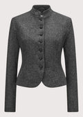 Women's Grey Wool Trachten Jacket with a stand collar, fabric-covered buttons, tailored fit, and authentic Bavarian heritage styling.