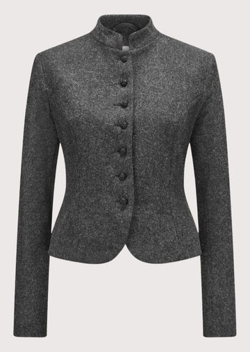 Women's Grey Wool Trachten Jacket with a stand collar, fabric-covered buttons, tailored fit, and authentic Bavarian heritage styling.