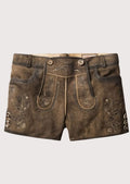 Women's heritage suede lederhosen shorts in dark brown leather with traditional embroidery and Bavarian craftsmanship.
