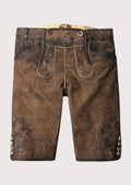 Women's knee-length suede lederhosen in vintage brown leather with floral embroidery and authentic Bavarian styling.