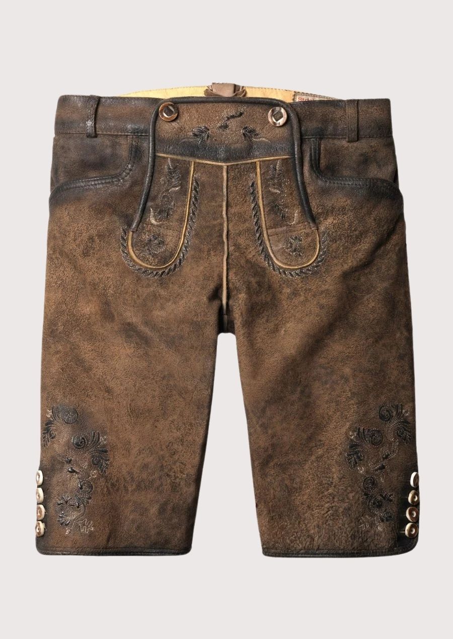 Women's knee-length suede lederhosen in vintage brown leather with floral embroidery and authentic Bavarian styling.