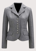 Women's grey wool Trachten blazer with decorative pewter buttons, tailored Bavarian jacket, notch lapel, premium Alpine heritage outerwear, authentic German traditional fashion.