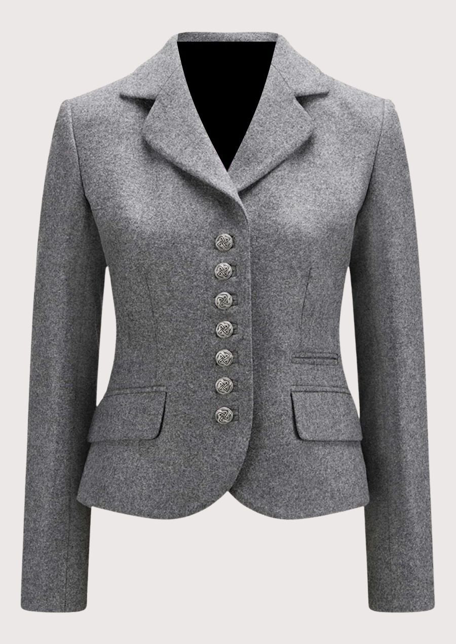 Women's grey wool Trachten blazer with decorative pewter buttons, tailored Bavarian jacket, notch lapel, premium Alpine heritage outerwear, authentic German traditional fashion.