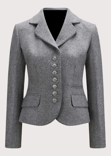 Women's grey wool Trachten blazer with decorative pewter buttons, tailored Bavarian jacket, notch lapel, premium Alpine heritage outerwear, authentic German traditional fashion.