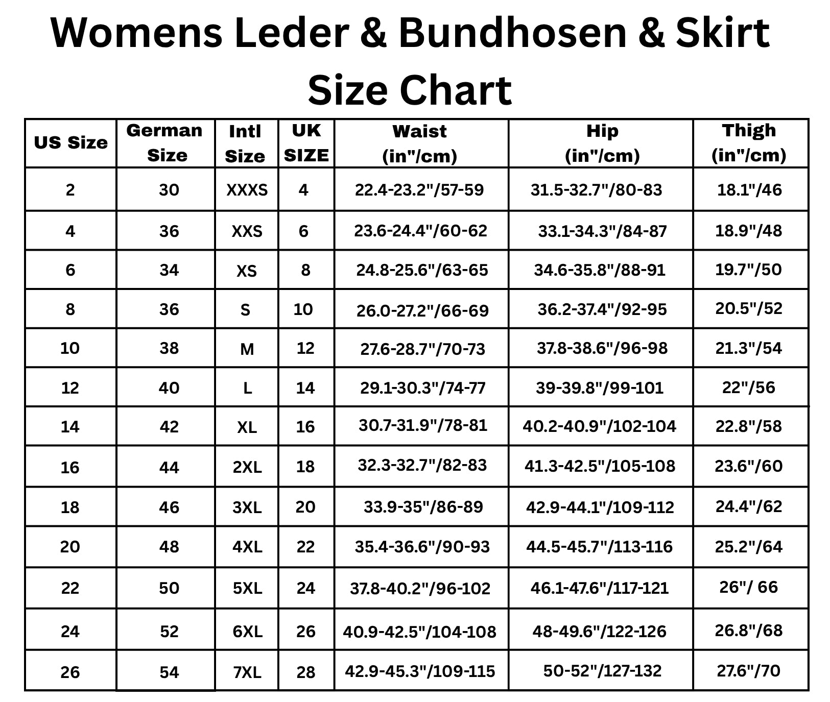 Size Chart for Women’s Lederhosen - Traditional German Style, Modern Comfort