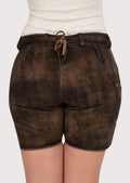 Authentic Women's Lederhosen in brown leather, embroidered with floral patterns for a traditional look at festivals and gatherings.