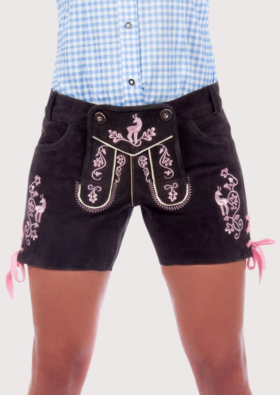 Premium quality Lederhosen for women featuring classic Bavarian design, ideal for festive celebrations.