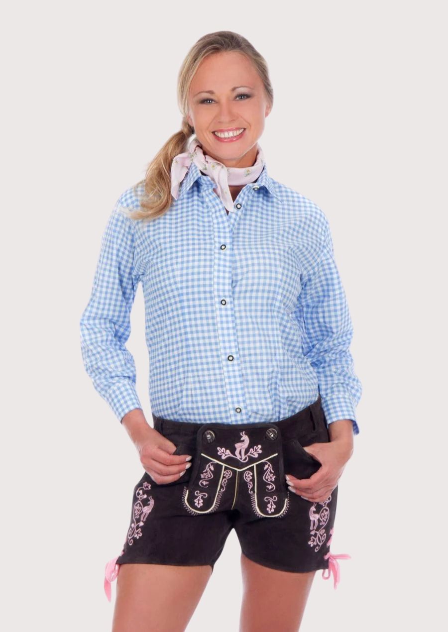 Women’s Lederhosen with intricate pink embroidery for Oktoberfest celebrations and festive events.