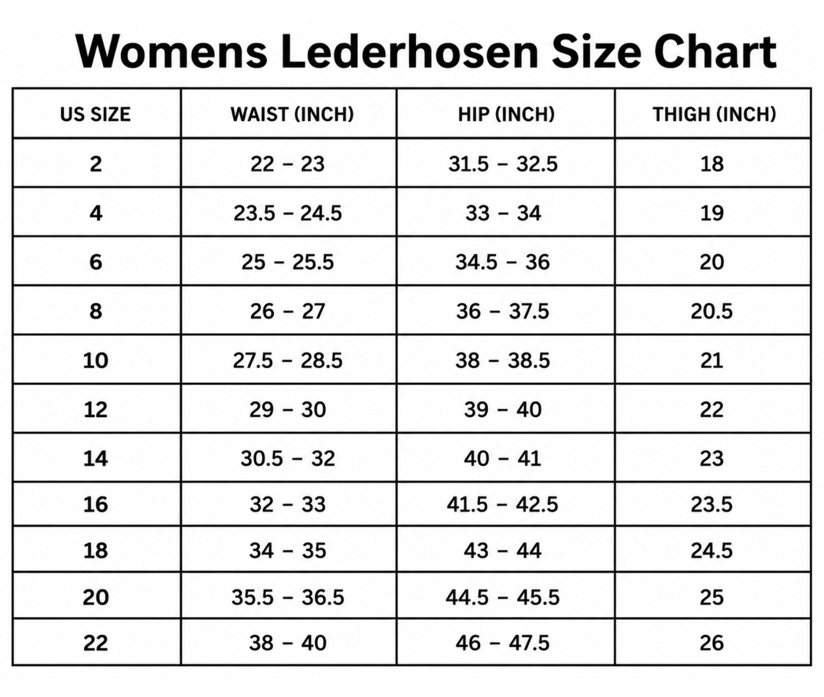 Size Chart for Brown Suede Floral Women's Lederhosen
