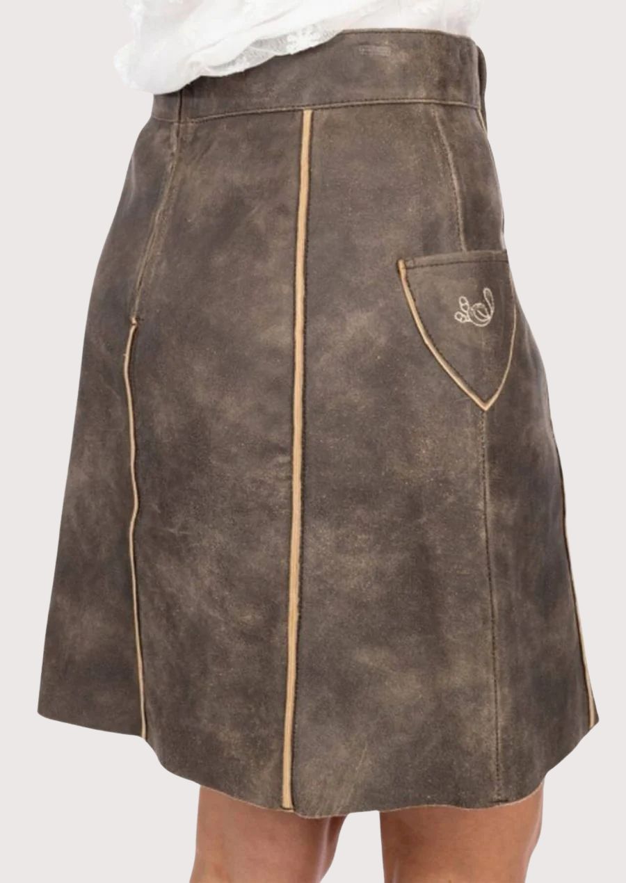 Classic Lederhosen skirt for women in leather with embroidered accents, perfect for a chic and comfortable festival outfit.