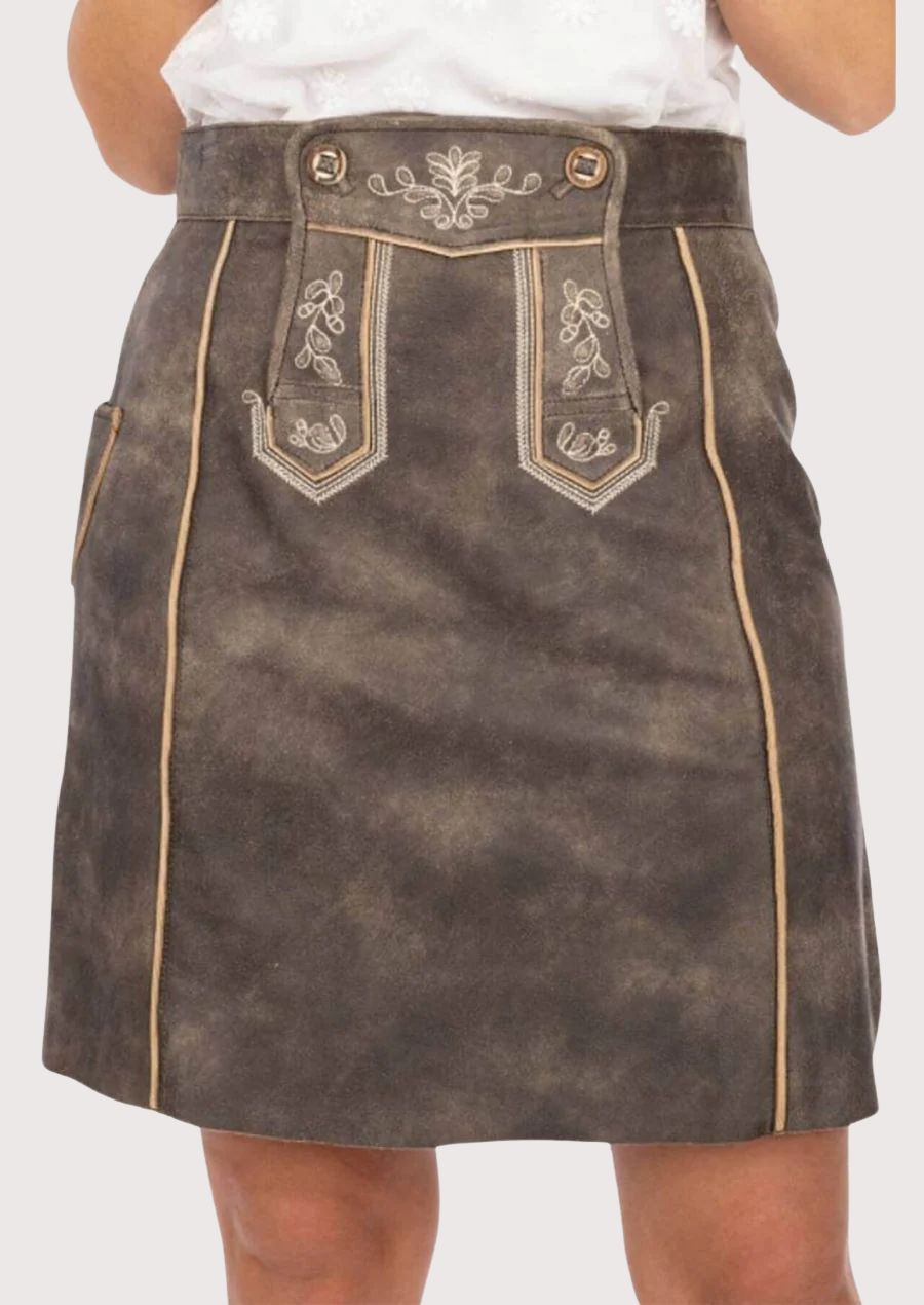 Elegant women’s Lederhosen skirt, offering a flattering fit with durable leather and detailed stitching for a timeless festival look.