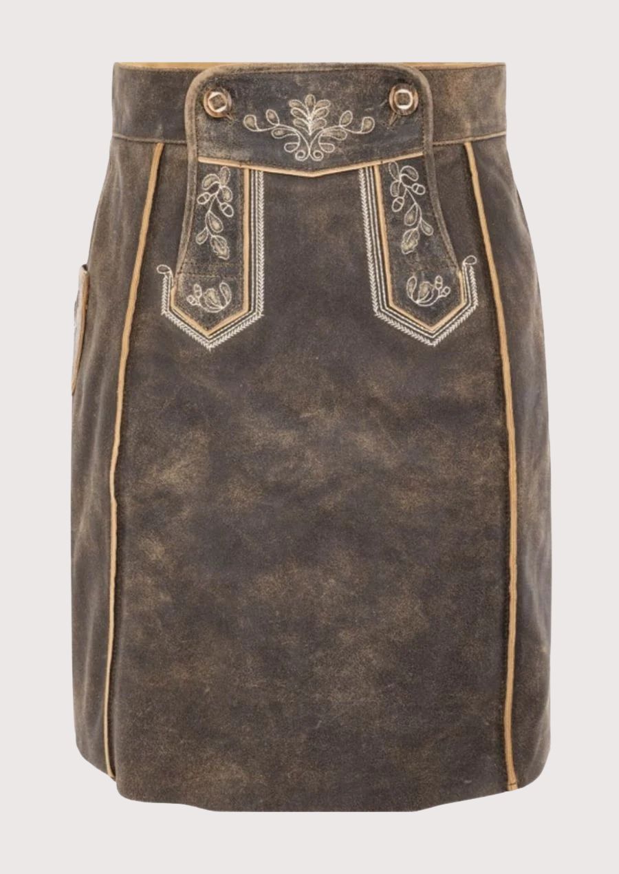 Stylish Lederhosen skirt with traditional embroidery and high-quality leather, perfect for Oktoberfest and outdoor festivals.