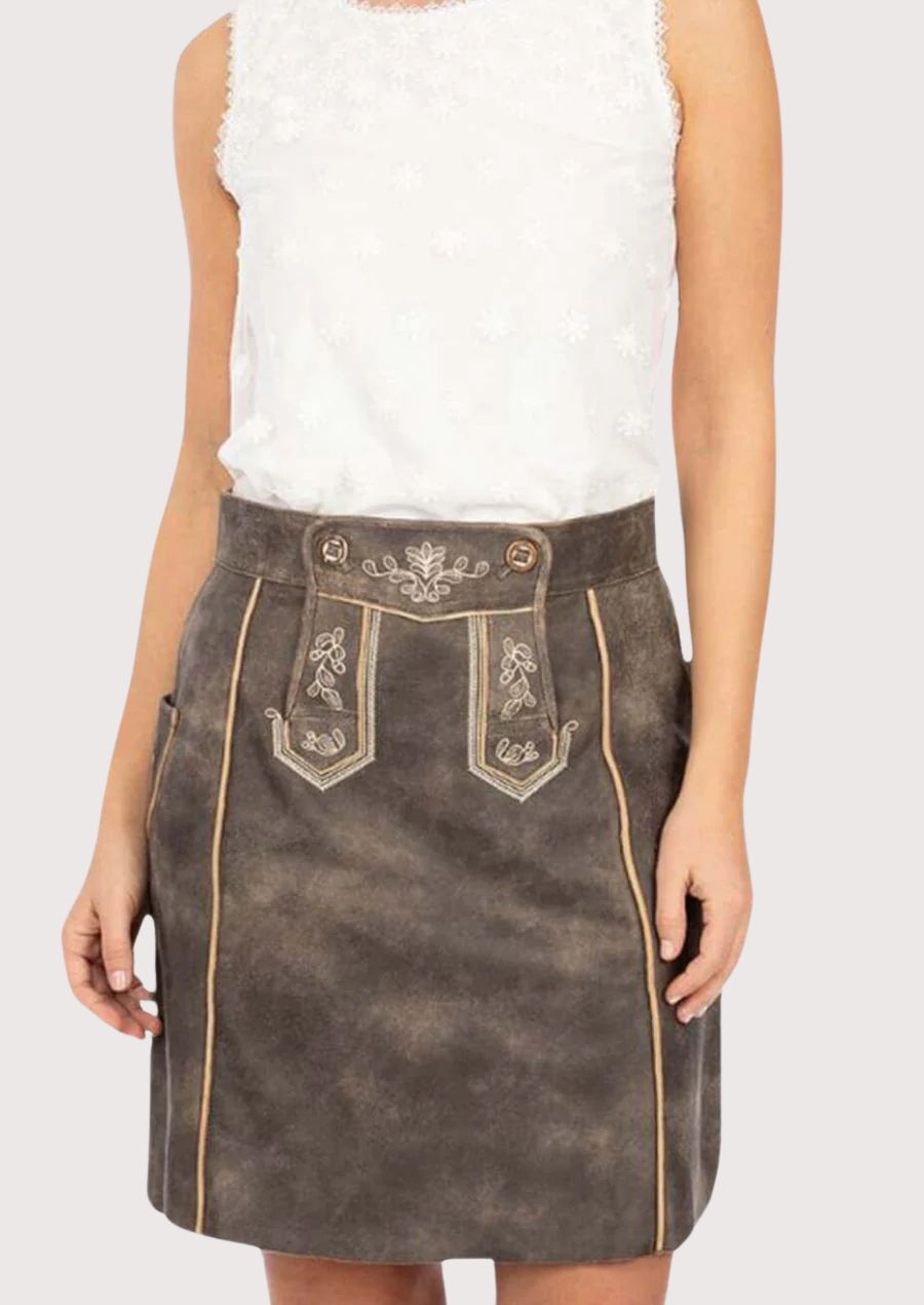 Women’s Lederhosen skirt featuring intricate embroidery and premium leather for a stylish and comfortable festival look.