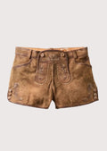 Authentic Bavarian leather lederhosen for women, featuring premium suede material and classic floral embroidery, perfect for Oktoberfest and cultural events.