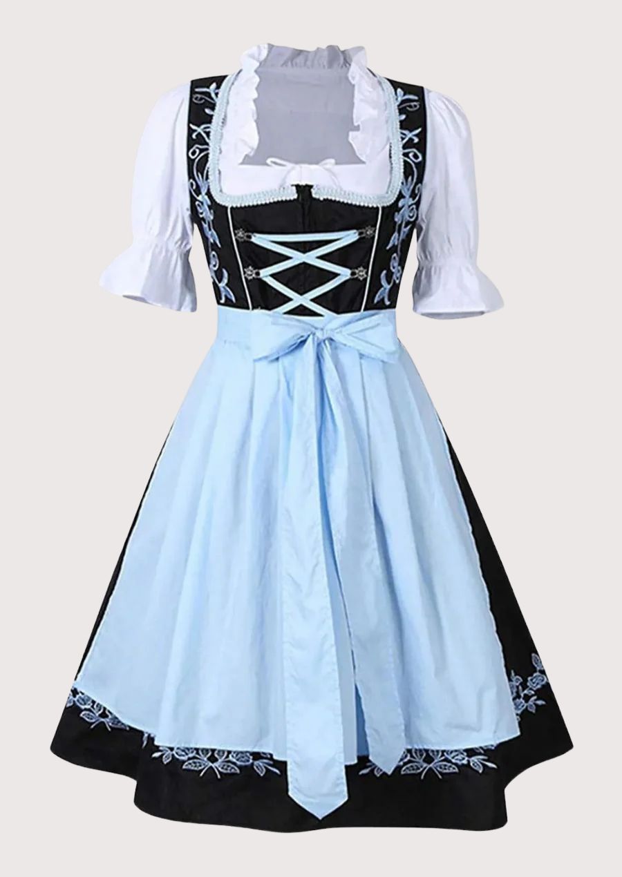 Blue Women's Long Dirndl with traditional details, ideal for Oktoberfest, festivals, and cultural celebrations.