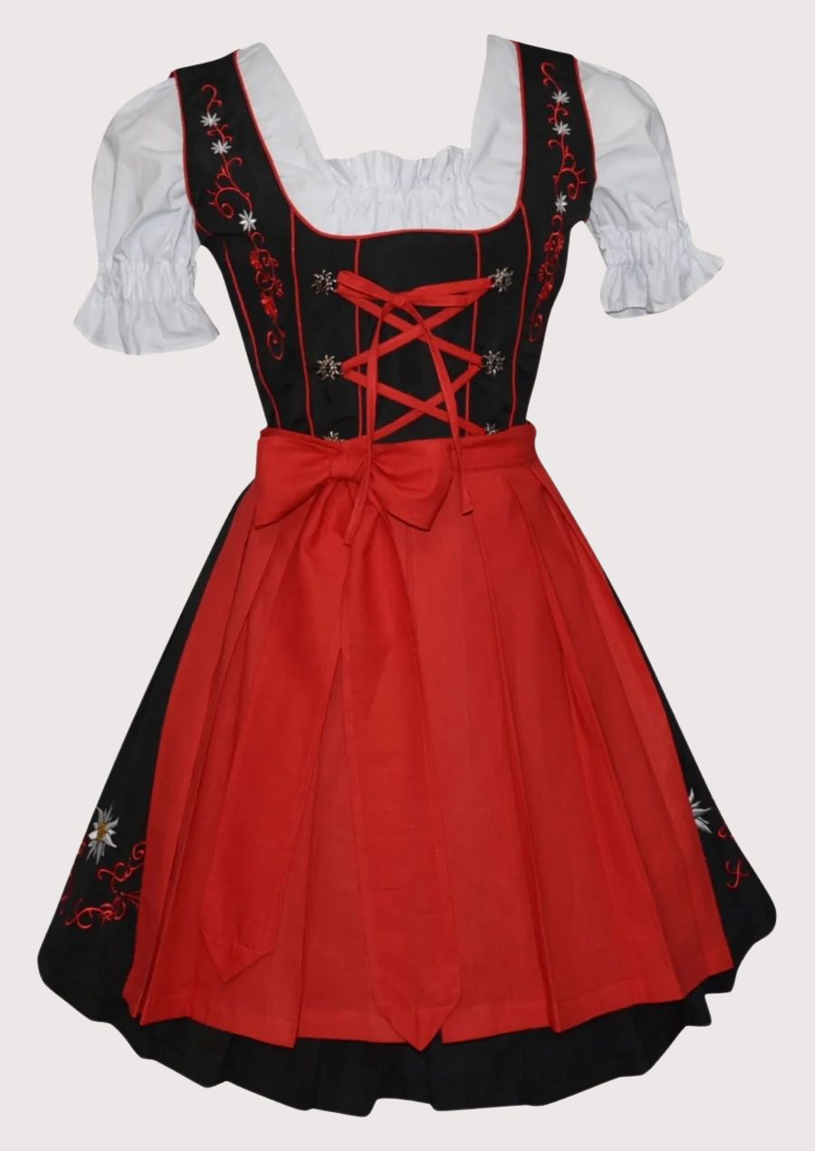 Elegant Women's Long Dirndl with Red Skirt for Oktoberfest