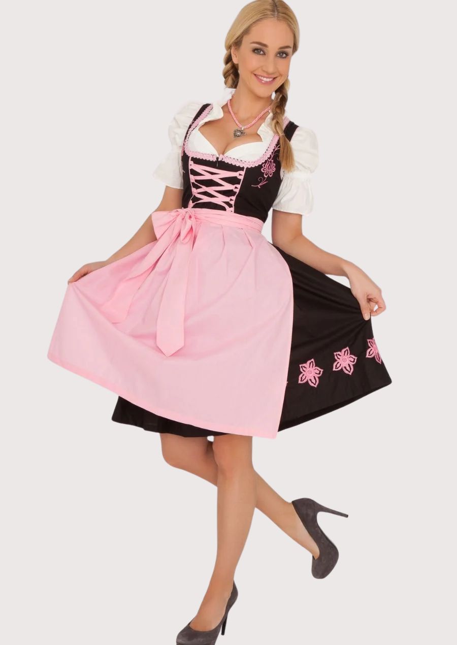 Elegant Women's Long Dirndl with pink ribbon detail, perfect for Oktoberfest and cultural events.