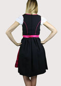 Traditional Women’s Dirndl dress featuring a pink satin skirt, black corset design, and floral lace accents for cultural celebrations.