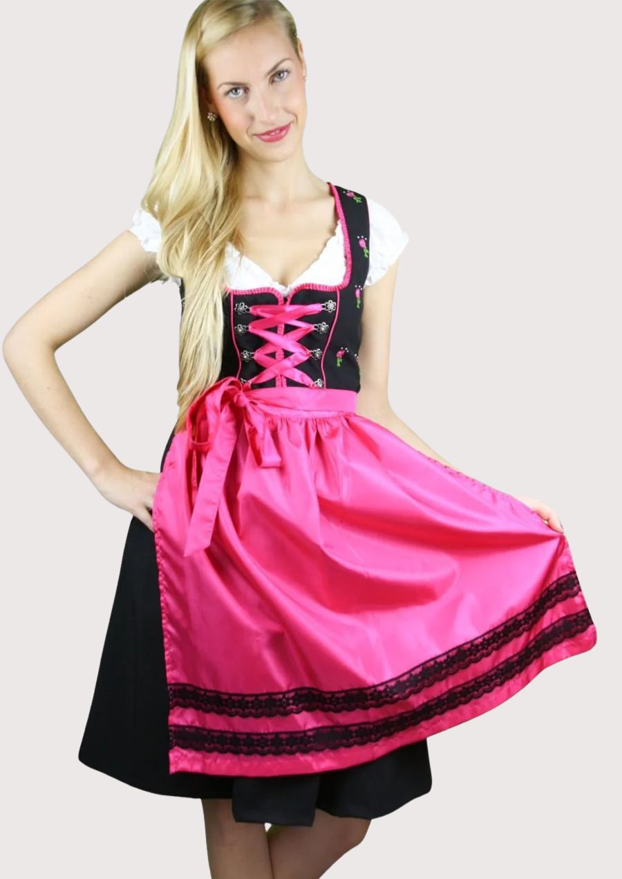 Women's Long Dirndl dress with traditional black and pink design for Oktoberfest and cultural celebrations.