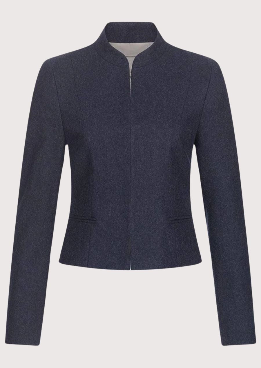 Women's navy wool Trachten jacket with stand-up collar, tailored Bavarian blazer, premium Alpine heritage outerwear, elegant Oktoberfest jacket for traditional German fashion.