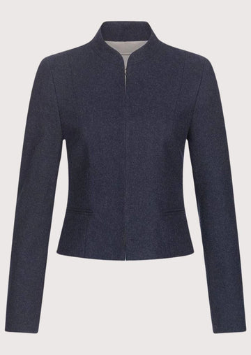 Women's navy wool Trachten jacket with stand-up collar, tailored Bavarian blazer, premium Alpine heritage outerwear, elegant Oktoberfest jacket for traditional German fashion.