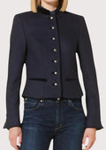 Women's navy Trachten jacket with stand collar, silver-tone buttons, tailored fit, and authentic Bavarian heritage craftsmanship.