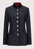 Women's navy wool Trachten jacket with red trim, silver decorative buttons, stand-up collar, fitted Bavarian jacket, authentic Alpine German fashion.