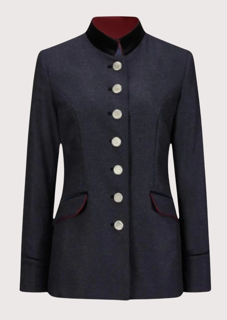 Women's navy wool Trachten jacket with red trim, silver decorative buttons, stand-up collar, fitted Bavarian jacket, authentic Alpine German fashion.