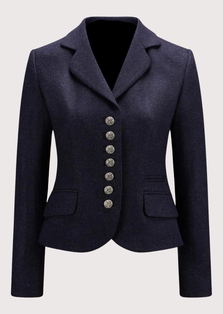Women's navy wool Trachten blazer with decorative pewter buttons, tailored Bavarian jacket, notch lapel, premium Alpine heritage outerwear, authentic German traditional fashion.