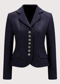 Women's navy wool Trachten blazer with decorative pewter buttons, tailored Bavarian jacket, notch lapel, premium Alpine heritage outerwear, authentic German traditional fashion.