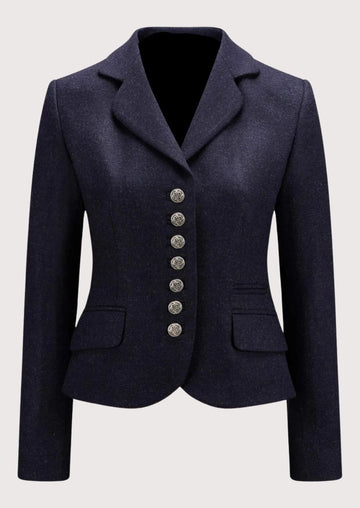 Women's navy wool Trachten blazer with decorative pewter buttons, tailored Bavarian jacket, notch lapel, premium Alpine heritage outerwear, authentic German traditional fashion.