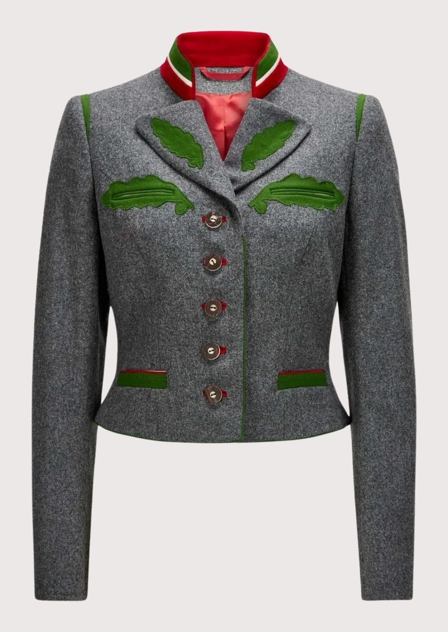Women's grey wool Trachten jacket with green embroidered trim, red stand collar, fitted Bavarian blazer, traditional Alpine heritage jacket for Oktoberfest and German cultural fashion.