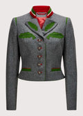Women's grey wool Trachten jacket with green embroidered trim, red stand collar, fitted Bavarian blazer, traditional Alpine heritage jacket for Oktoberfest and German cultural fashion.