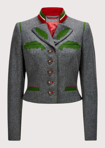 Women's grey wool Trachten jacket with green embroidered trim, red stand collar, fitted Bavarian blazer, traditional Alpine heritage jacket for Oktoberfest and German cultural fashion.