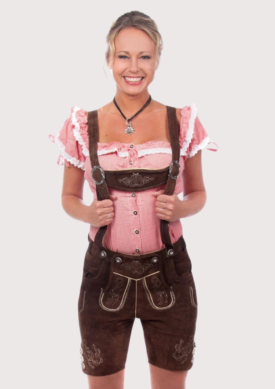 Women's Oktoberfest lederhosen with traditional braces, brown suede leather, decorative embroidery, and authentic Bavarian styling.