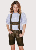 Classic women’s Oktoberfest lederhosen featuring brown leather shorts and heritage suspenders