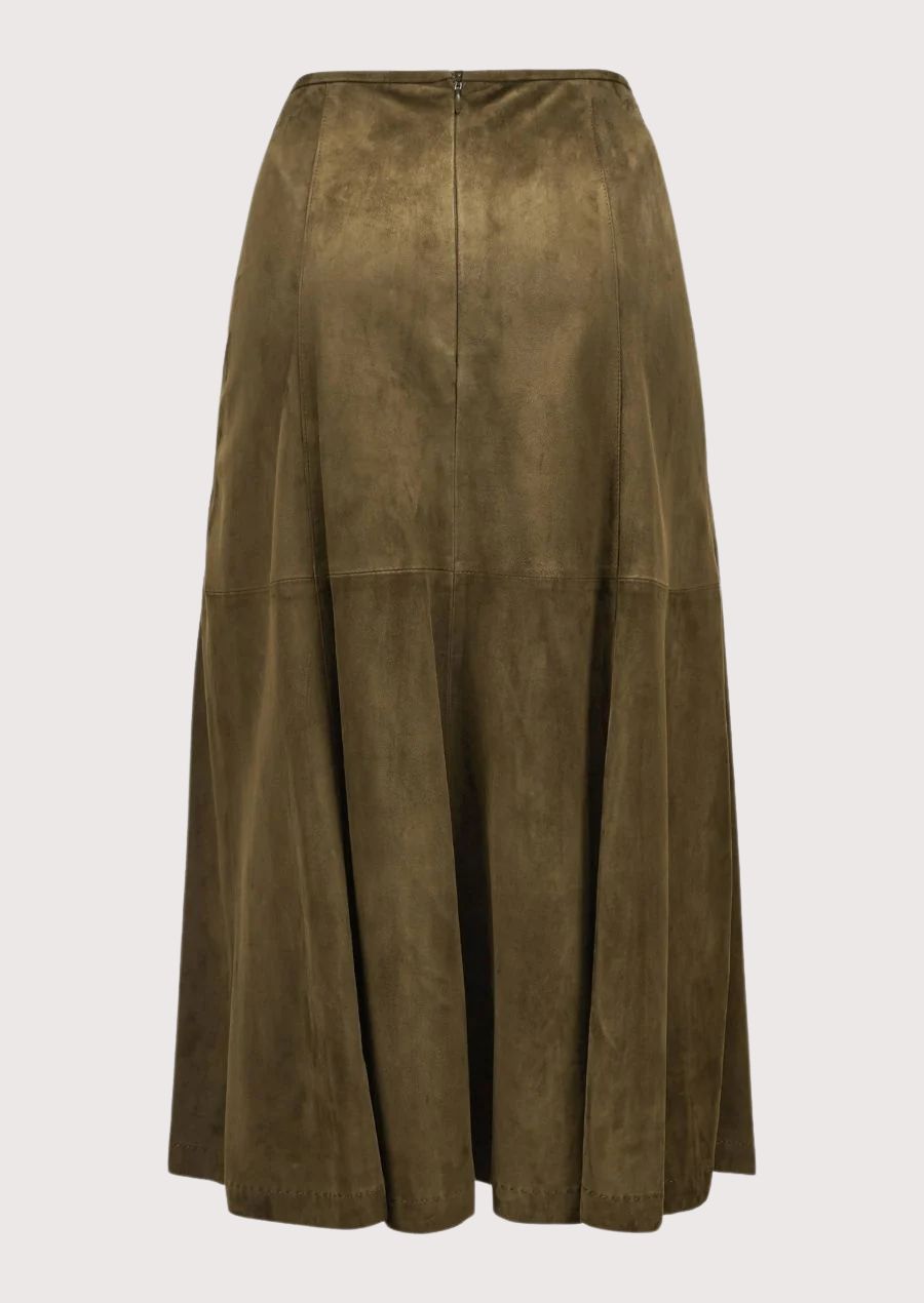 Vintage Brown Midi Skirt with an A-line silhouette, premium suede texture, and elegant wardrobe versatility.