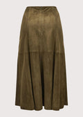 Women's olive brown suede midi skirt featuring a flowing A-line silhouette, premium leather, and elegant panel construction.
