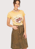 Women's olive suede Trachten skirt with embroidered Bavarian flap, contrast piping, and premium leather craftsmanship.