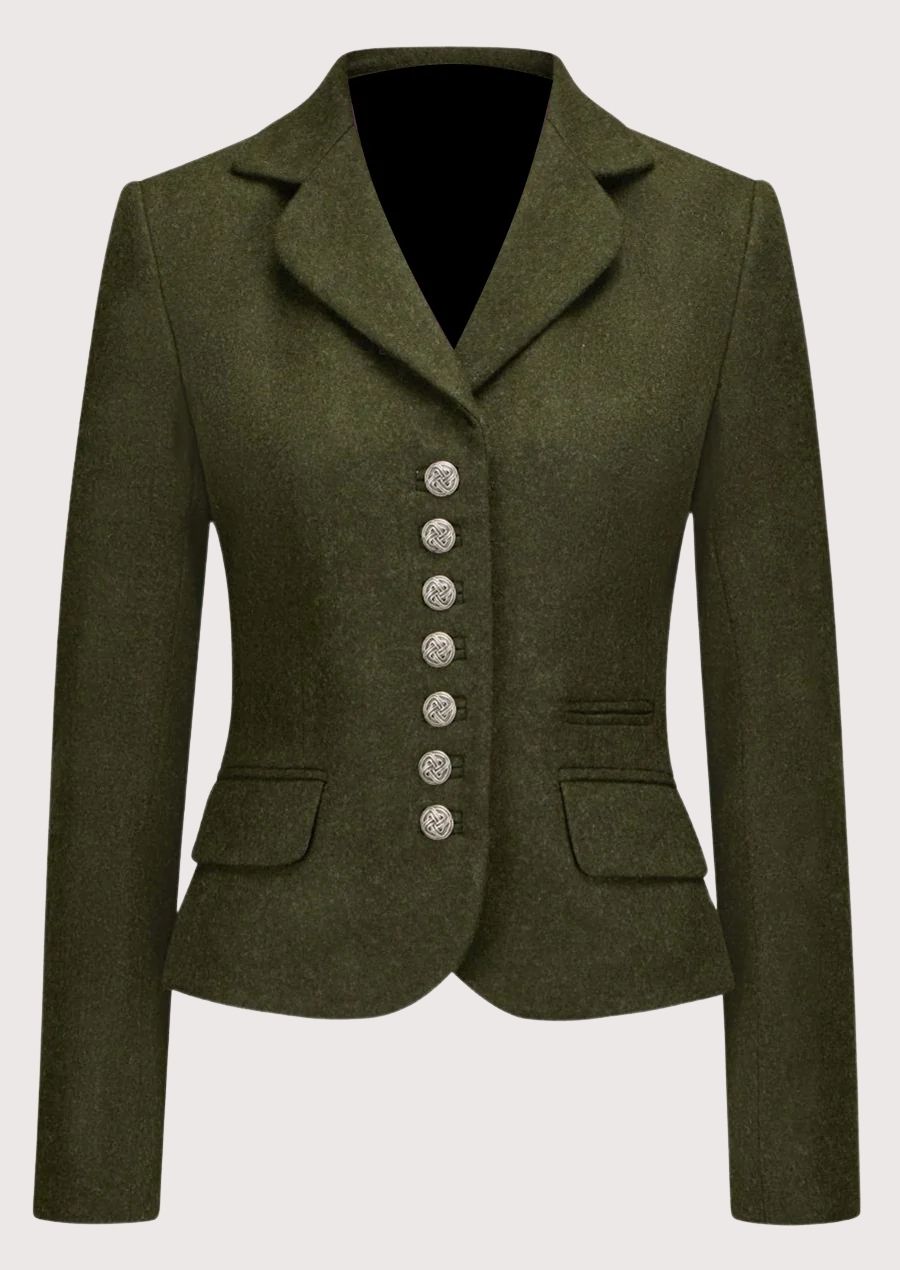 Women's olive green wool Trachten blazer with decorative silver buttons, tailored Bavarian jacket, premium Alpine heritage outerwear, authentic German traditional fashion.