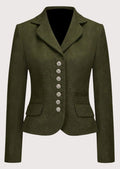 Women's olive green wool Trachten blazer with decorative silver buttons, tailored Bavarian jacket, premium Alpine heritage outerwear, authentic German traditional fashion.