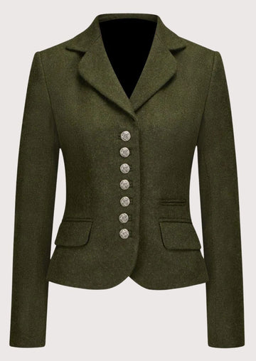 Women's olive green wool Trachten blazer with decorative silver buttons, tailored Bavarian jacket, premium Alpine heritage outerwear, authentic German traditional fashion.
