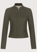Women's olive green Trachten jacket with stand-up collar, fitted tailored silhouette, concealed front closure, traditional Bavarian Alpine wool jacket, authentic German heritage fashion.